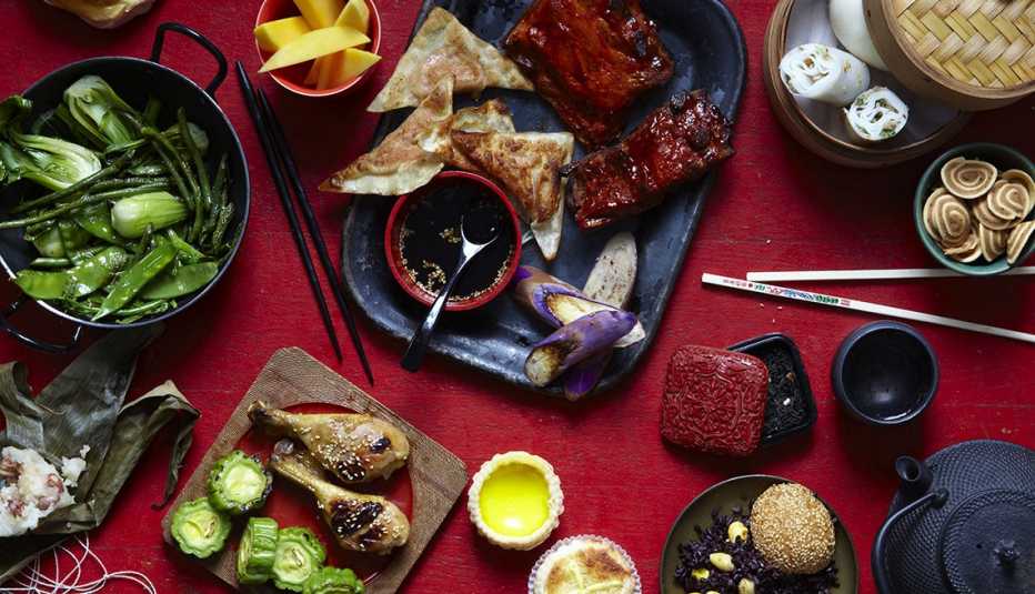 Overhead Assortment Of Asian Dishes, AARP Food And Recipes, Authentic Asian Dishes Overhead Assortment Of Asian Dishes, AARP Food And Recipes, Authentic Asian Dishes