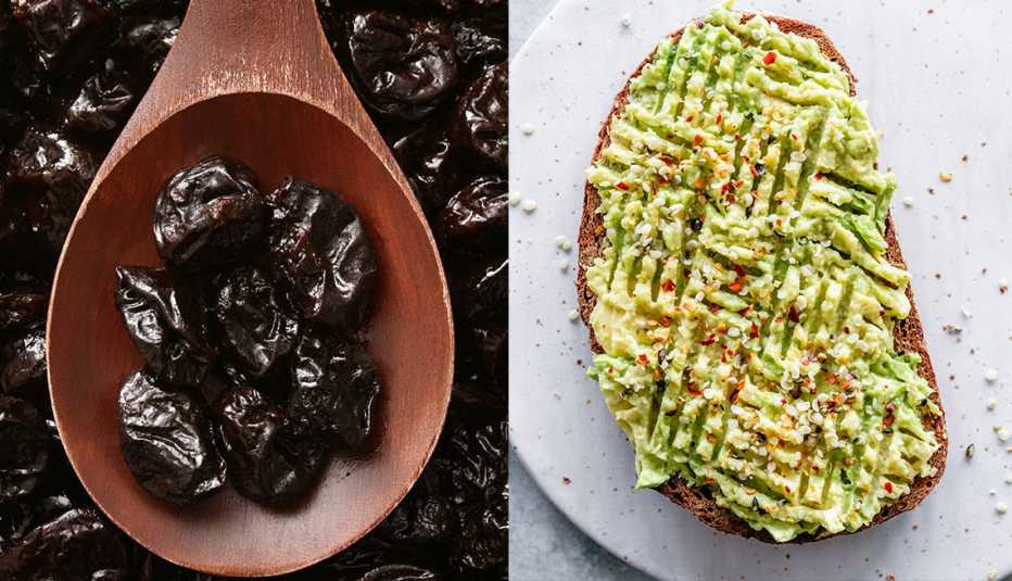 Fotomontaje de unas ciruelas secas a la izquierda y una tostada con aguacate a la derecha
