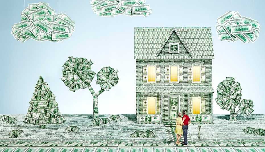 Ilustración de una casa en el campo hecha con dólares y aprende a como refinaciar tu hipoteca Ilustración de una casa en el campo hecha con dólares