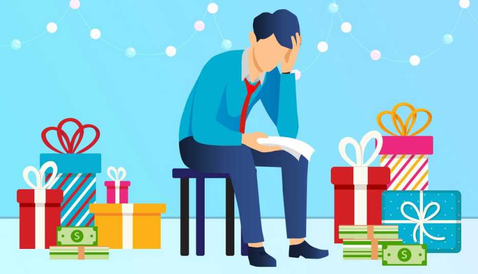 Ilustración de un hombre viendo deudas crediticias y con regalos y dinero a los lados