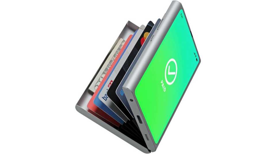 Ilustración de un teléfono móvil abierto como caja abierta con tarjetas de crédito