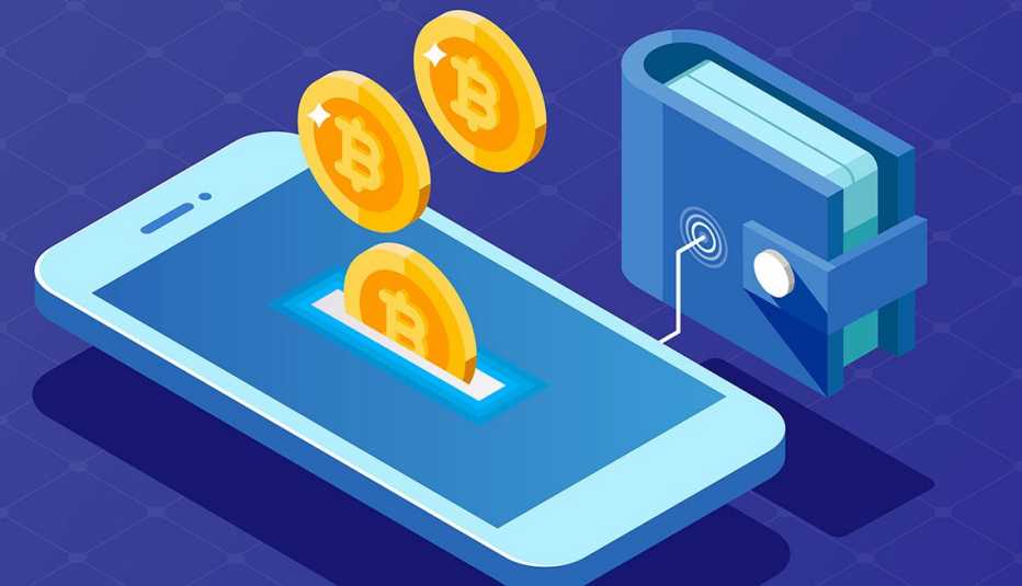 Ilustración de un teléfono móvil al que entran bitcóins mientras está conectado a una billetera