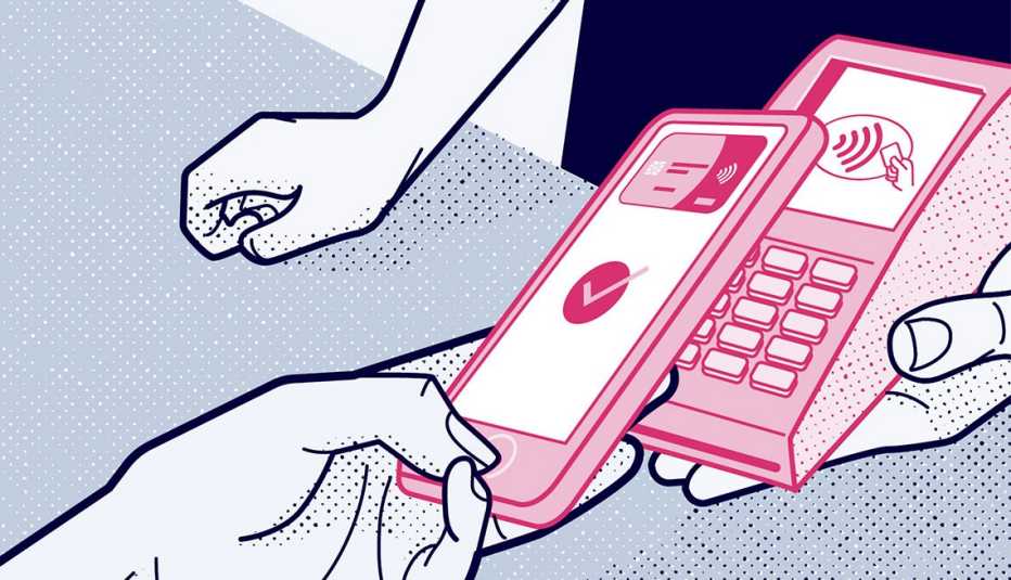 Ilustración de una persona usando una billetera electrónica para hacer un pago en un datáfono. Ilustración de una persona usando una billetera electrónica para hacer un pago en un datáfono.