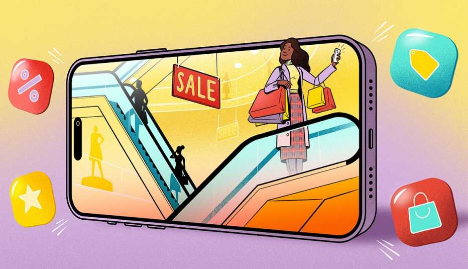 teléfono móvil que muestra a una mujer en un ascensor en una tienda por departamentos rodeada de íconos de descuentos y rebajas