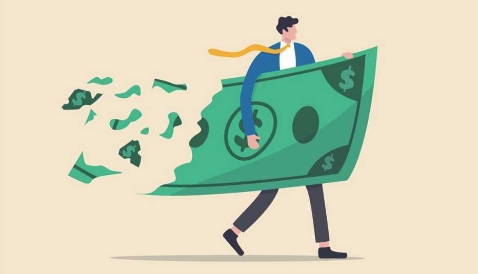 Ilustración de un hombre que lleva un billete gigante que se despedaza