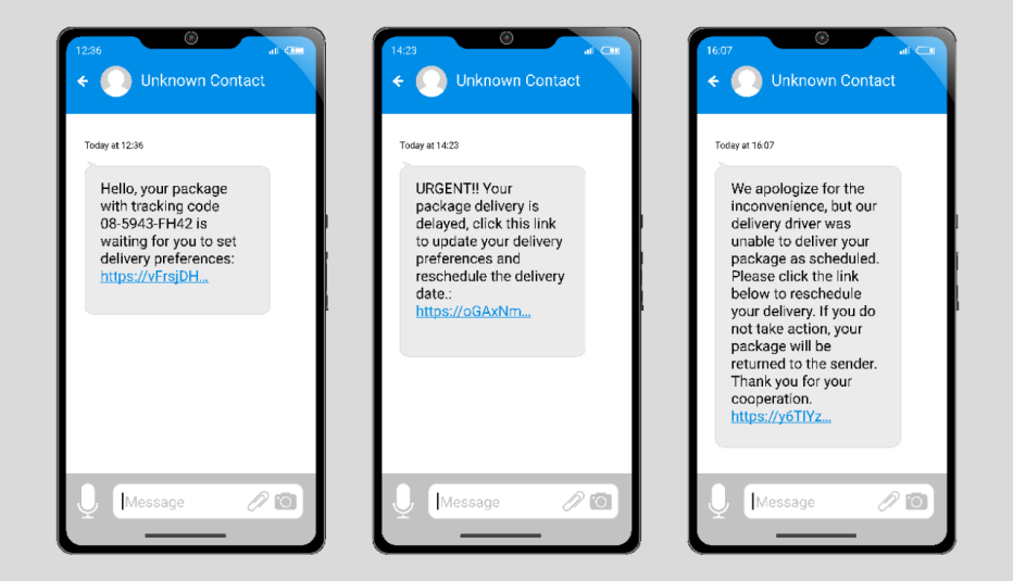 Varios teléfonos móviles que muestran textos falsos con la estafa del paquete del correo