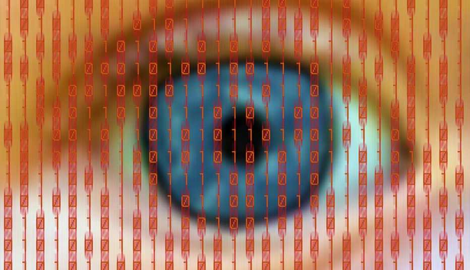Ojo detrás de una pantalla que muestra una base de datos