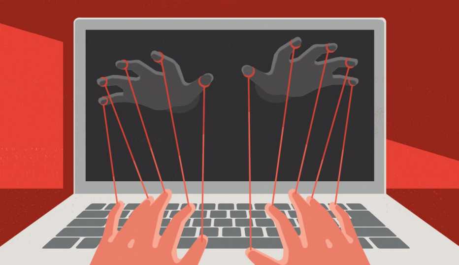Ilustración de unas manos en la pantalla de una computadora que se unen por hilos a otras sobre las teclas. Ilustración de unas manos en la pantalla de una computadora que se unen por hilos a otras sobre las teclas.
