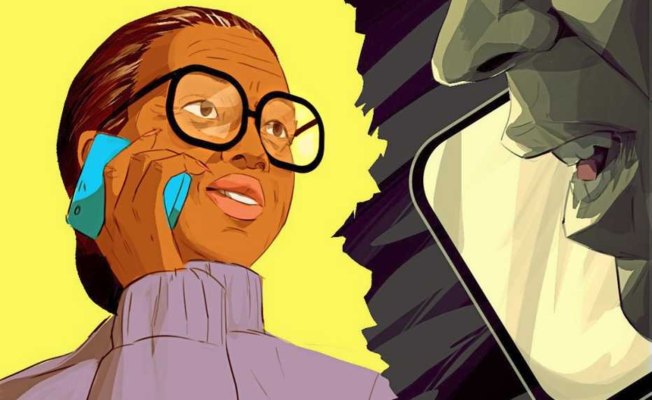 Ilustración de una mujer que habla por teléfono y al otro lado la imagen de un extraño que le contesta