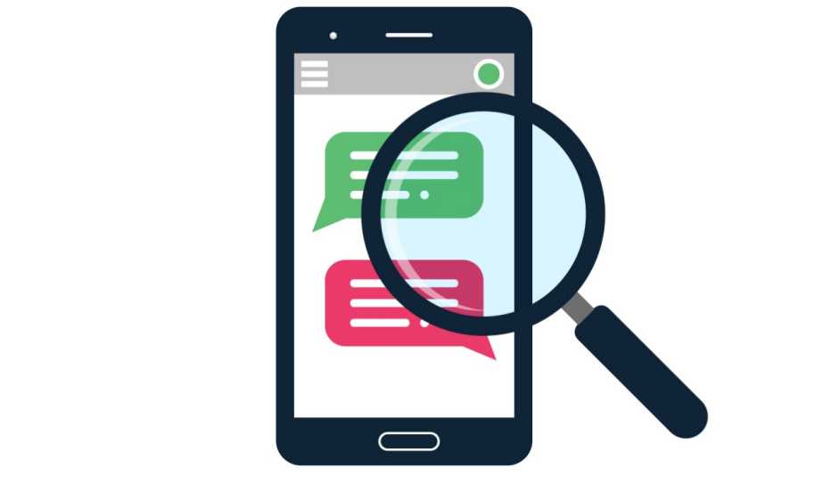 Ilustración de un teléfono móvil con mensajes de texto y una lupa encima 