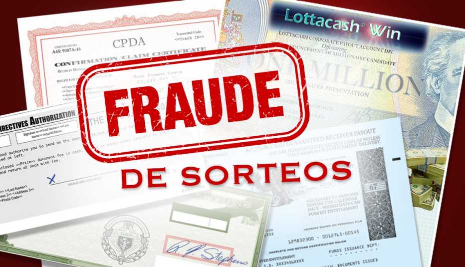 Varias piezas de correo al lado del letrero fraudes en sorteos.