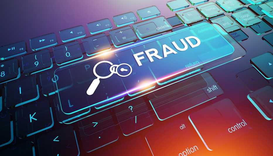 Ilustración del teclado de una computadora con una tecla extra que dice fraude
