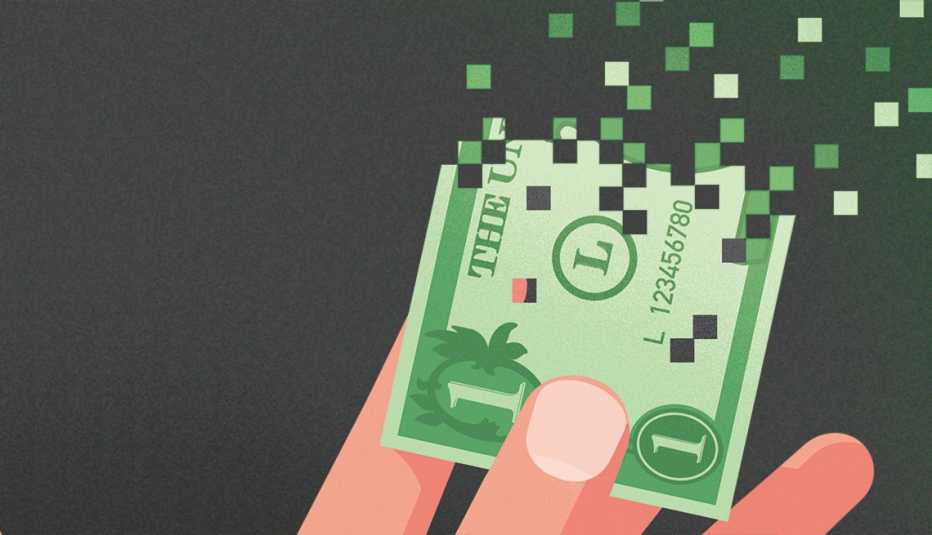Una mano sosteniendo un billete de un dólar que se está desintegrando en píxeles digitales. Una mano sosteniendo un billete de un dólar que se está desintegrando en píxeles digitales.
