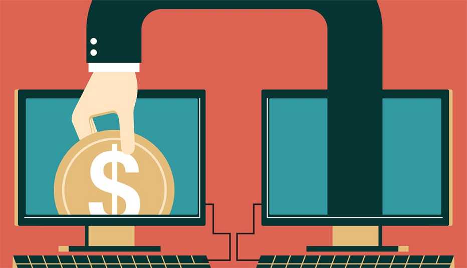 Ilustración de un brazo que sale de la pantalla de una computadora para sacar una moneda de otra pantalla de computadora.