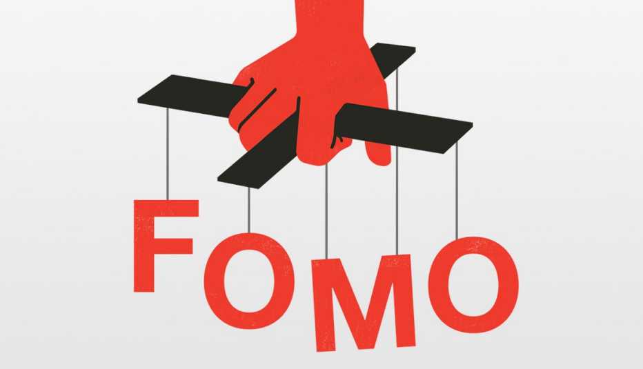 Ilustración de una mano manejando un títere con las letras F o m o, que en inglés significa miedo a perderse algo
