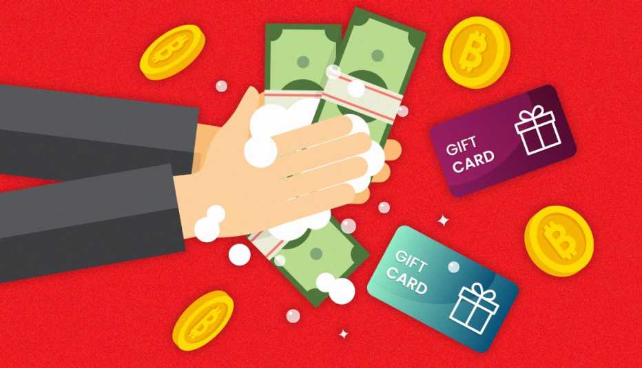Ilustración de unas manos usando fajos de dólares, bitcóins, y tarjetas de créditos como jabón
