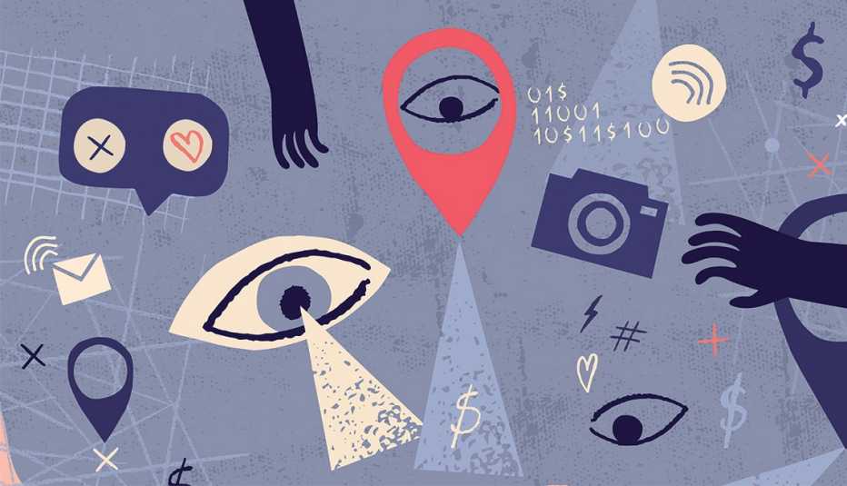 Ilustración de íconos de navegación en internet y manos que tratan de atraparlos