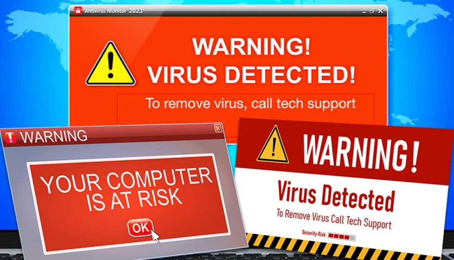 Variaas capturas de pantalla con alertas falsas de asistencia técnica
