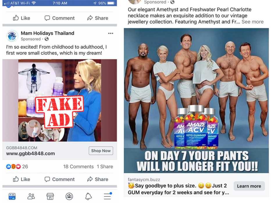 Imágenes falsas de presentadores de "Shark Tank" promocionando medicamentos para bajar de peso y gomitas cetogénicas.