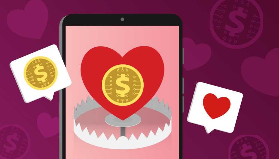 Ilustración de un teléfono con signos de corazón y dinero