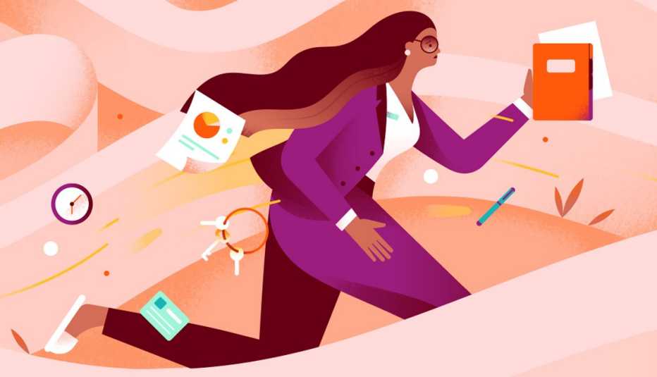 Gráfica de una mujer en el trabajo rodeada de objetos de oficina