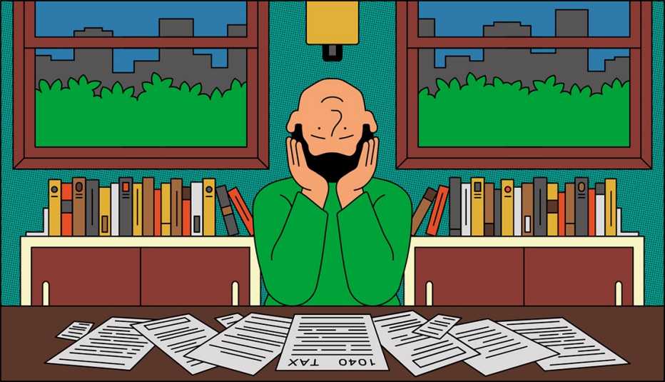 Ilustración de una persona con su cabeza al revés después de ver los formularios de impuestos sobre su escritorio