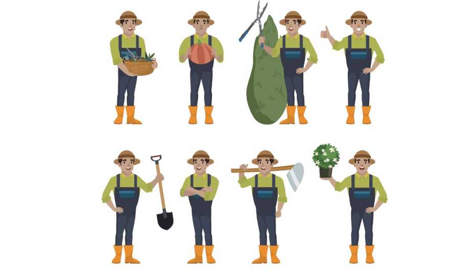 Ilustración de un mismo granjero con diferentes frutos, herramientas y plantas Ilustración de un mismo granjero con diferentes frutos, herramientas y plantas