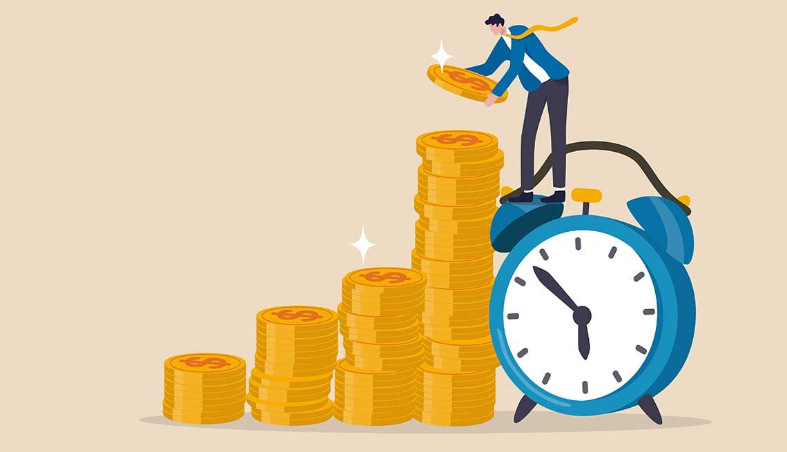 Ilustración de un hombre parado en un reloj quien apila monedas