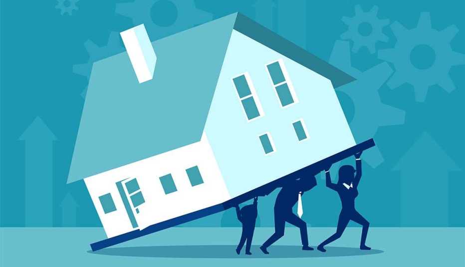 Ilustración de una familia que mueve una casa 