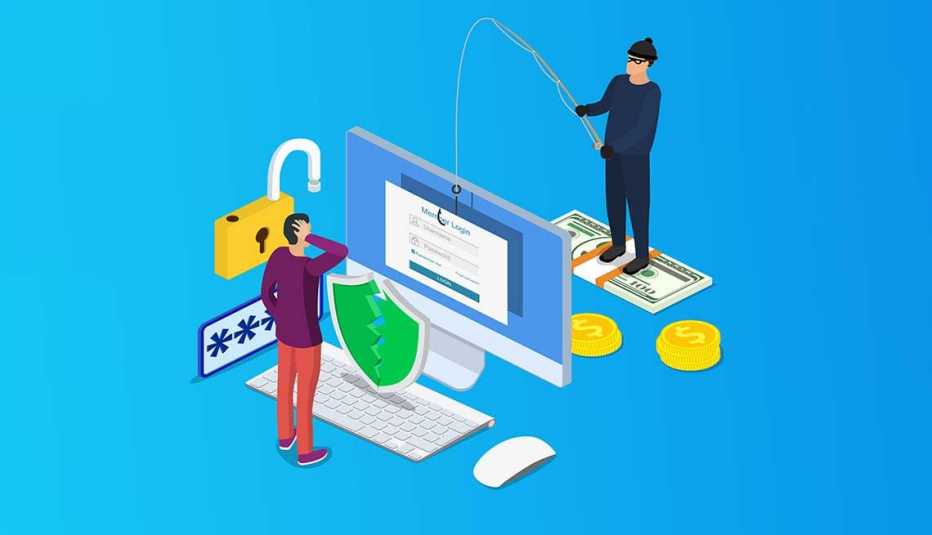 Ilustración de un hombre frente a una computadora mientras otro por detrás pesca su información