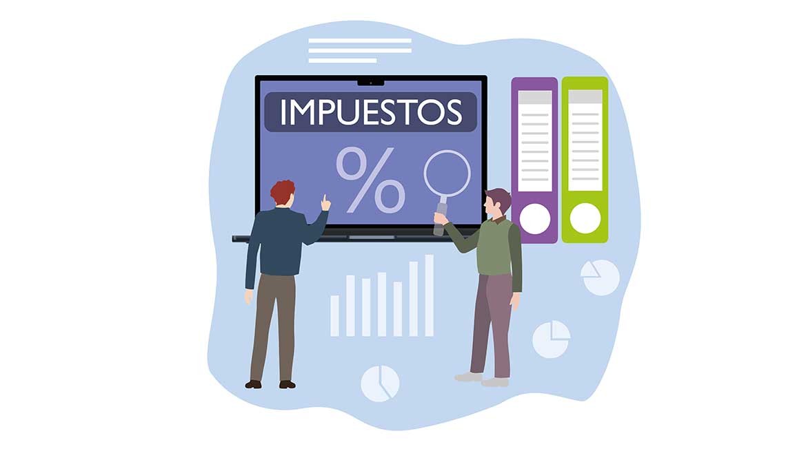 Ilustración de dos hombres frente a una computadora portátil que dice impuestos