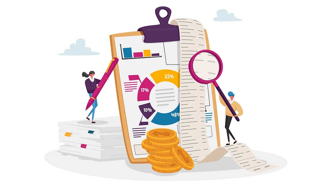 Ilustración de dos personas construyendo una estadística de impuestos gigante