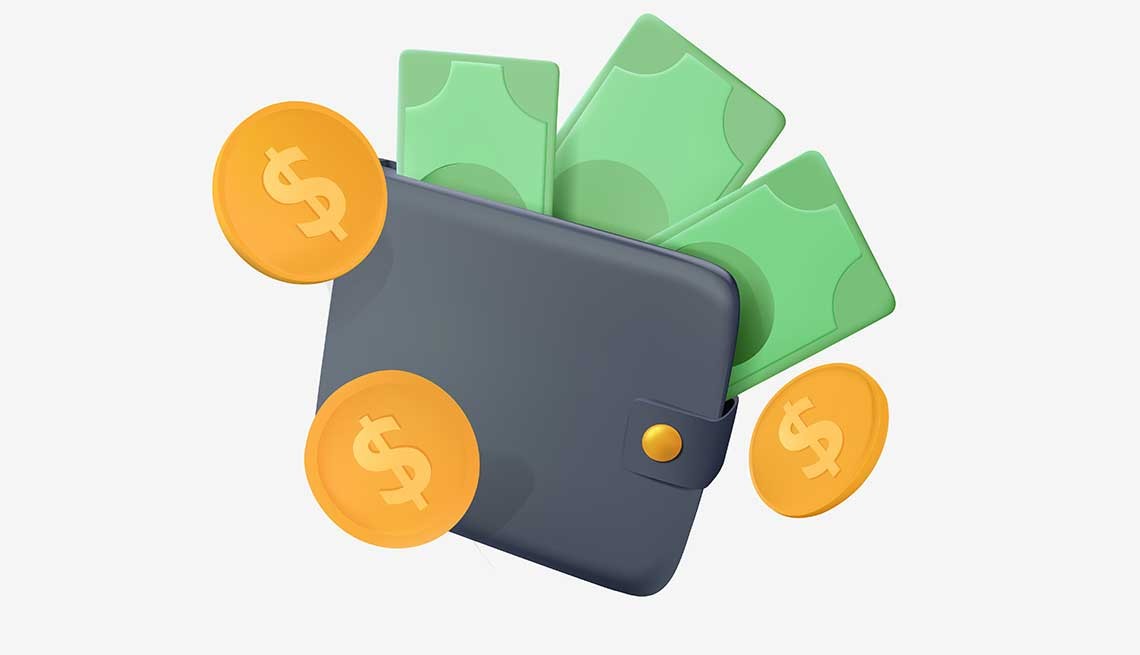 Ilustración de una billetera de la cual salen dólares y monedas