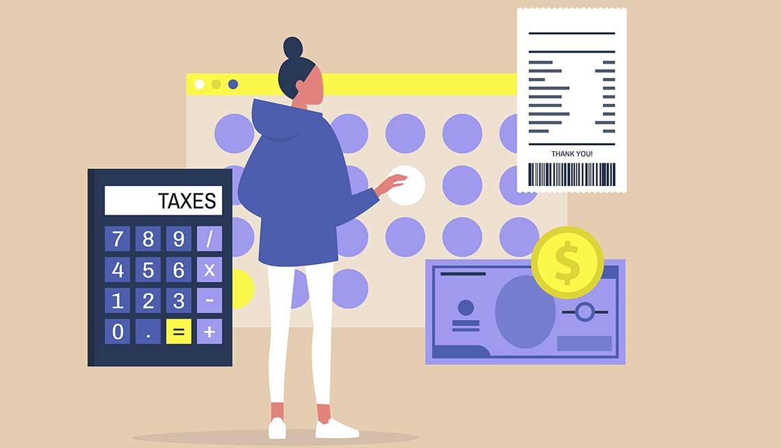 Ilustración de una mujer que interactúa con una pantalla gigante al lado de una calculadora, una factura, y dinero