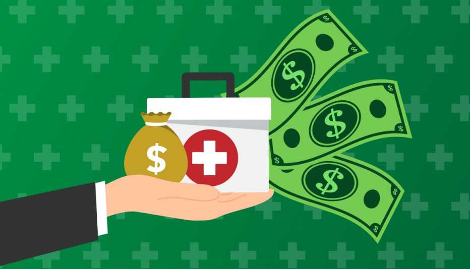 Ilustración de varios dólares para ahorrar en un boquitín para cuidados de la salud