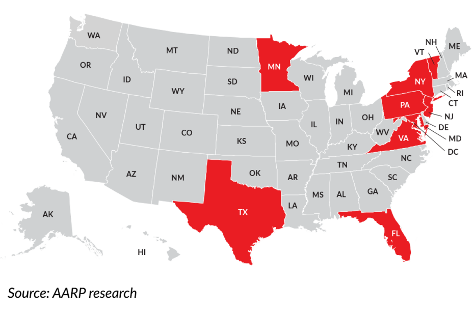 mapa de estados unidos de los nueve estados que no gravan los medicamentos de venta libre esos estados son texas minnesota florida vermont nueva york nueva jersey pensilvania maryland y virginia