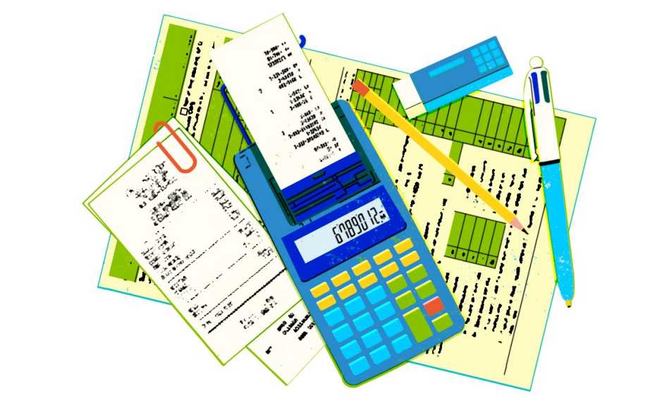 Ilustración que muestra recibos, una planilla, una calculadora, un lápiz y un bolígrafo