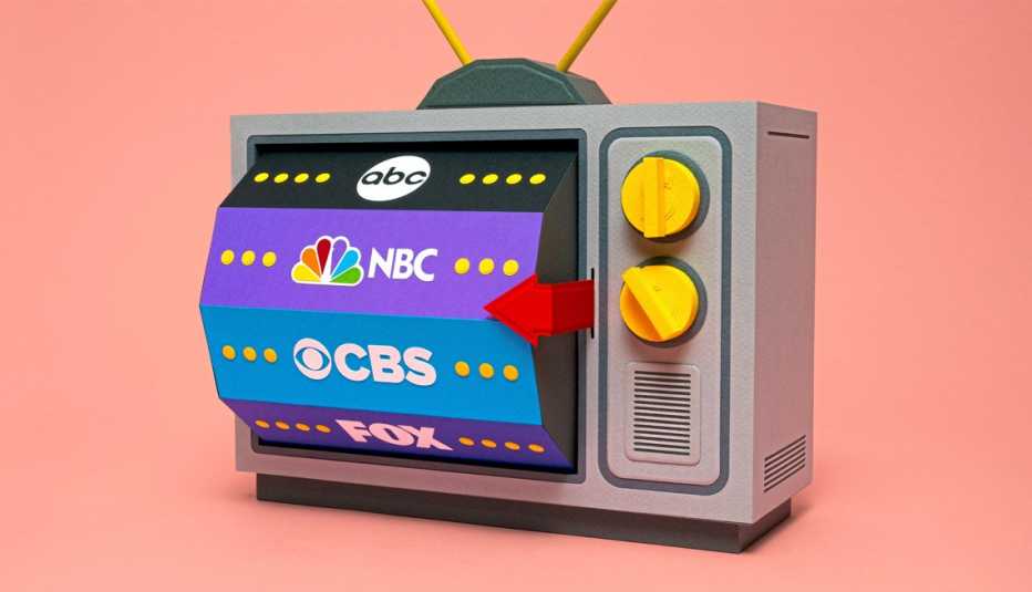 Ilustración de un televisor antiguo con varios canales en su pantalla para escoger