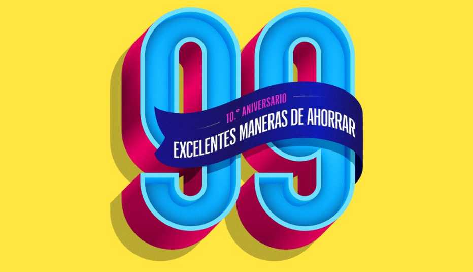 Número 99 con una franja de texto que dice décimo aniversario excelentes maneras de ahorrar.