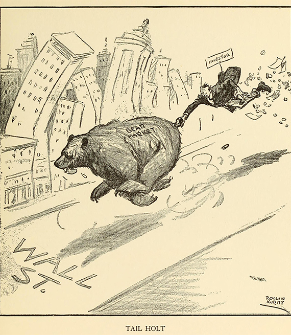 Dibujo de un oso corriendo por una calle que dice Wall St en 1929, cuando el mercado de valores cayó.