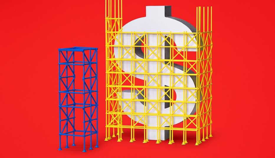 Ilustración de un signo de dólar rodeado de un andamio de construcción.