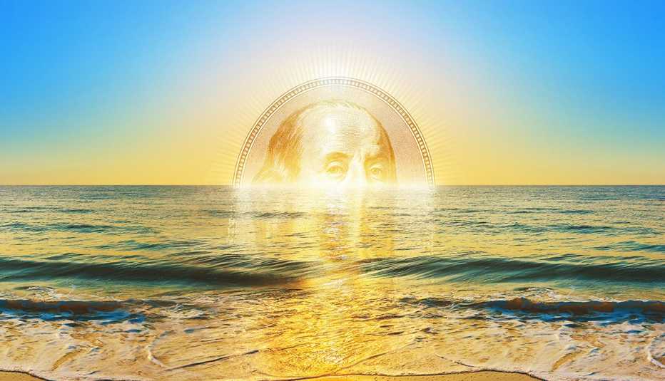 Atardecer en el mar con la imagen central de un billete de 100 dólares que se esconde en el horizonte