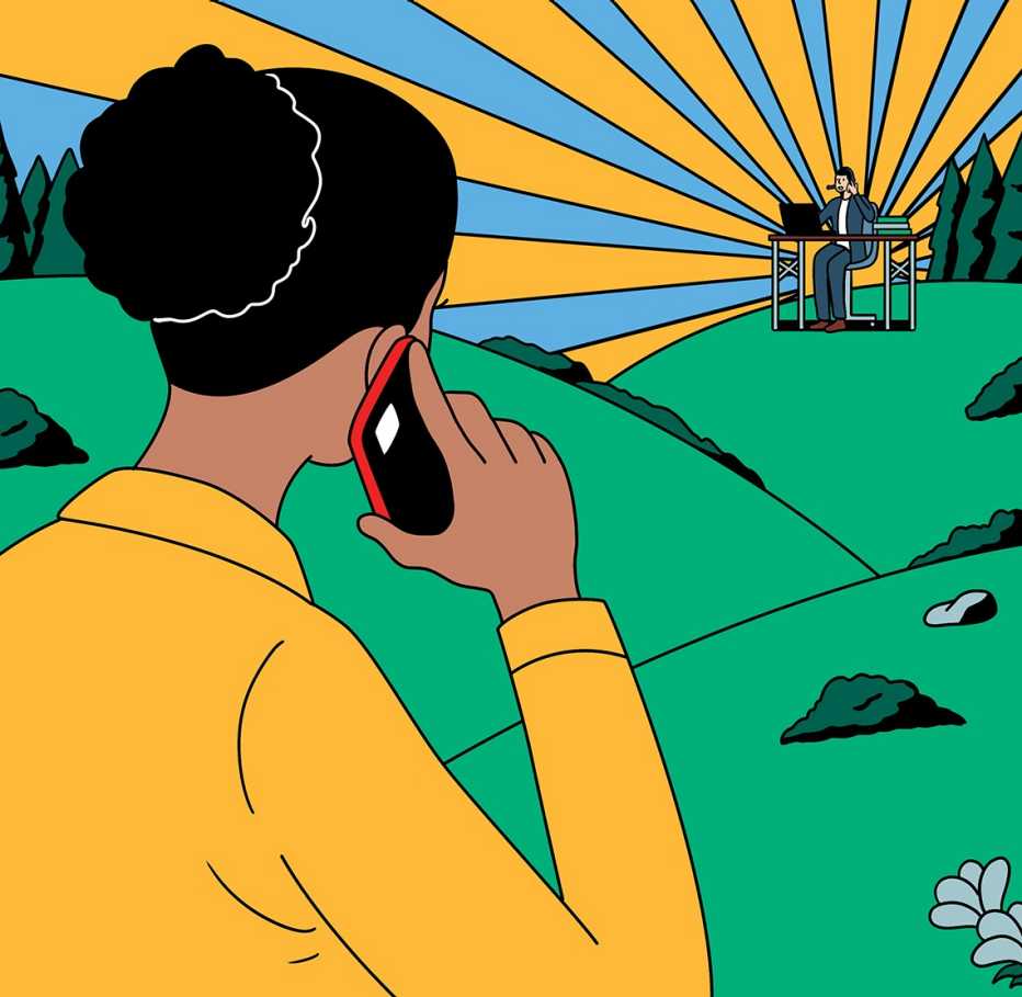 Ilustración de una mujer hablando con su agente de servicio al cliente que se encuentra en un paisaje a la distancia.