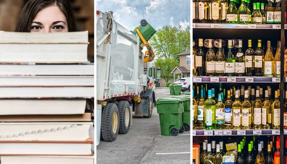 Tres imágenes, mujer detrás de una pila de libros, camión recolector de basuras, sección de licores en una tienda