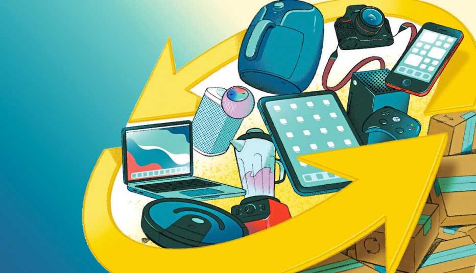 Ilustración de una flecha que envuelve varios artículos como una tableta, un teléfono, y una licuadora encima de unas cajas 