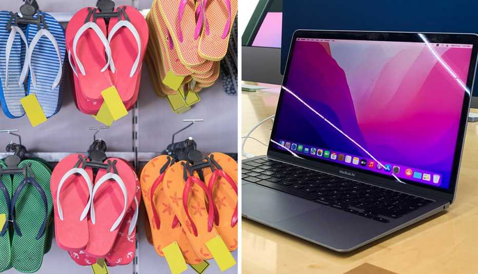 A la izquierda chanclas de tres puntadas y a la derecha una computadora portátil