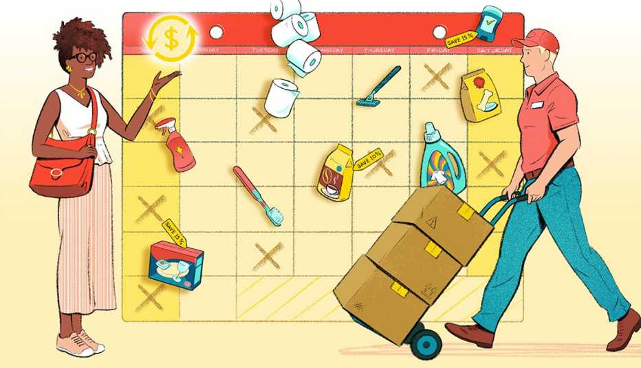 Ilustración de una mujer y un cartero arrastrando 3 cajas y al fondo un calendario con las fechas de entrega de cada producto
