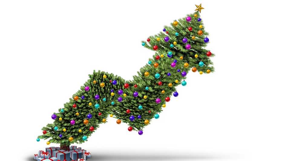 Flecha diagonal hacia arriba que muestra la inflación y decorada como árbol de navidad Flecha diagonal hacia arriba que muestra la inflación y decorada como árbol de navidad