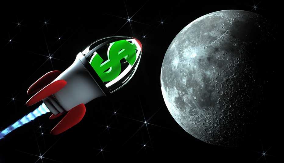Ilustración de un cohete con un signo de dólares en el espacio exterior