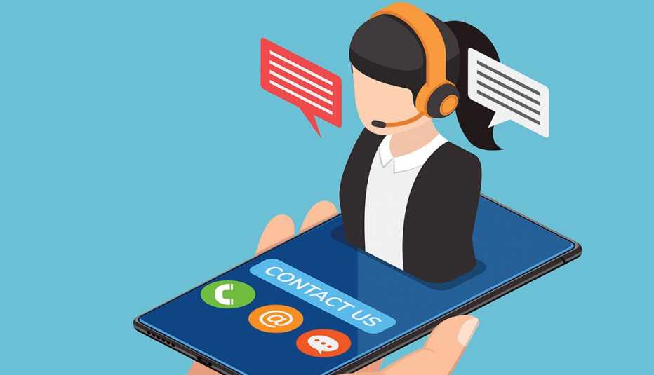 Ilustración de una representante de servicio al cliente que sale de un teléfono móvil